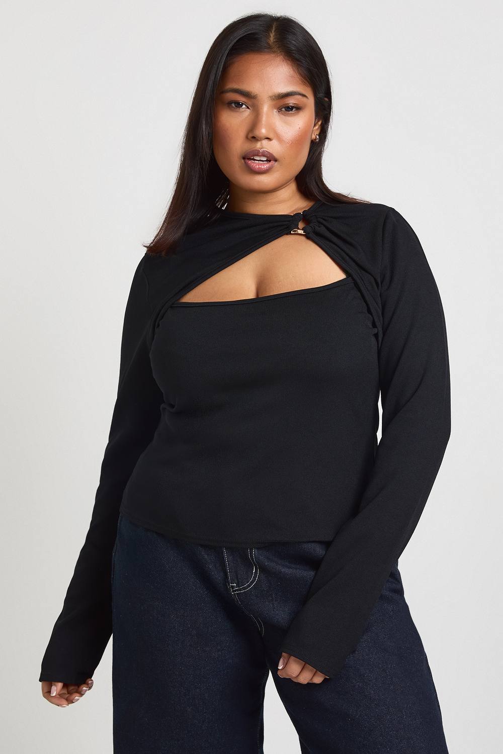Rib Gold Trim Detail Cut Out Long Sleeve