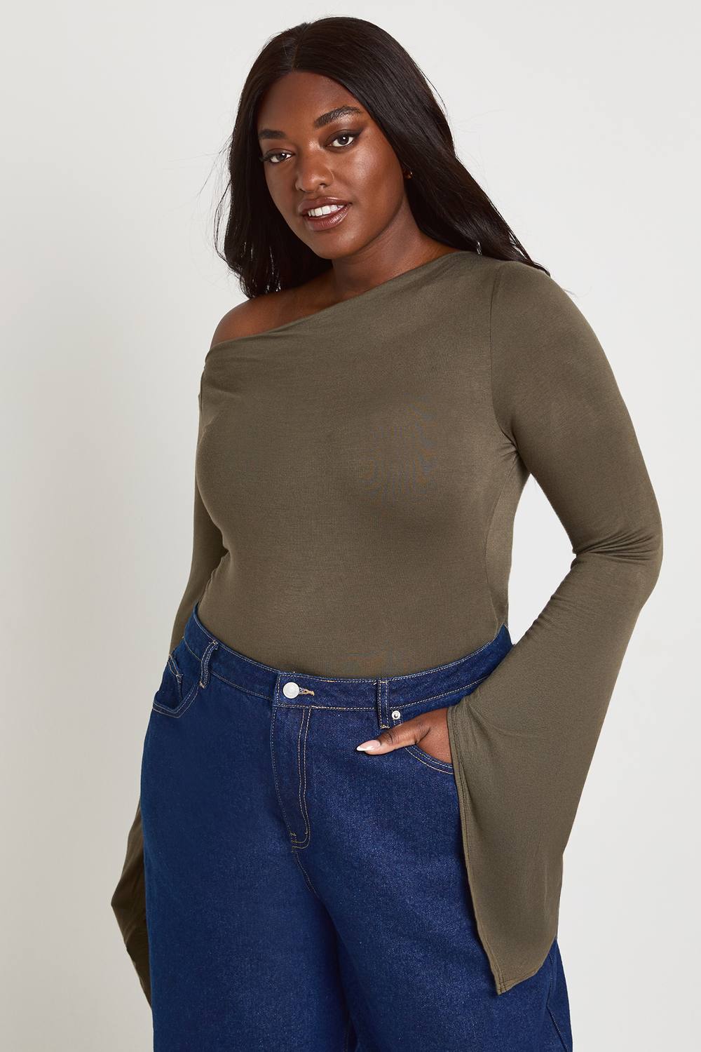 Flared Angel Sleeve Off-The Shoulder Draped Top