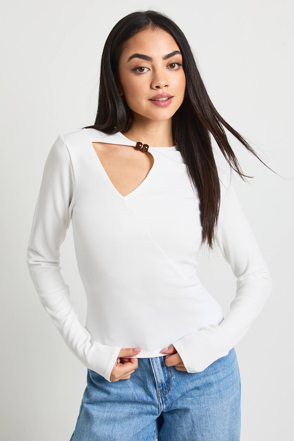 Rib Long Sleeve Keyhole Detail Top with Bead Trim by boohoo