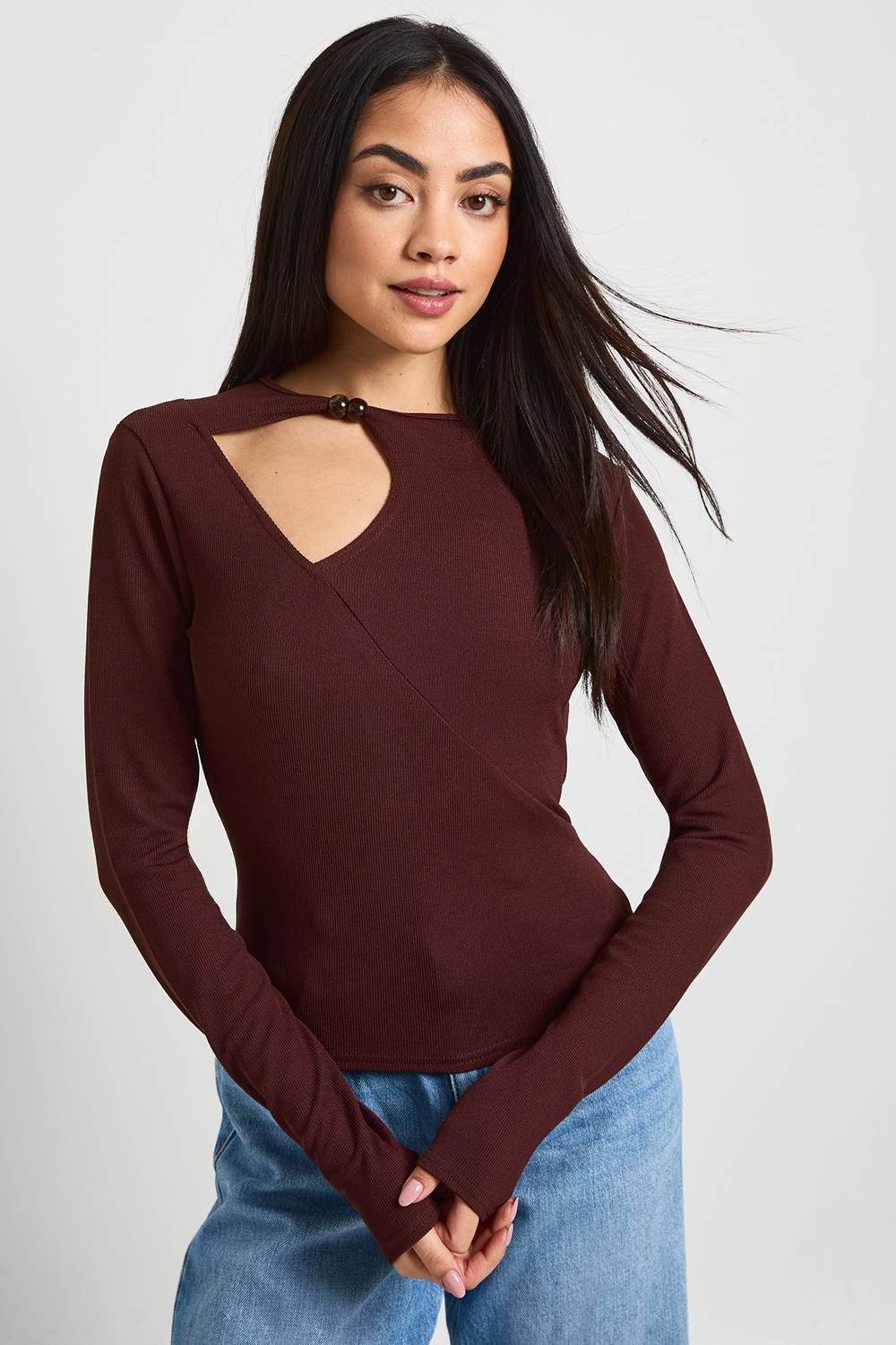Rib Long Sleeve Keyhole Detail Top with Bead Trim