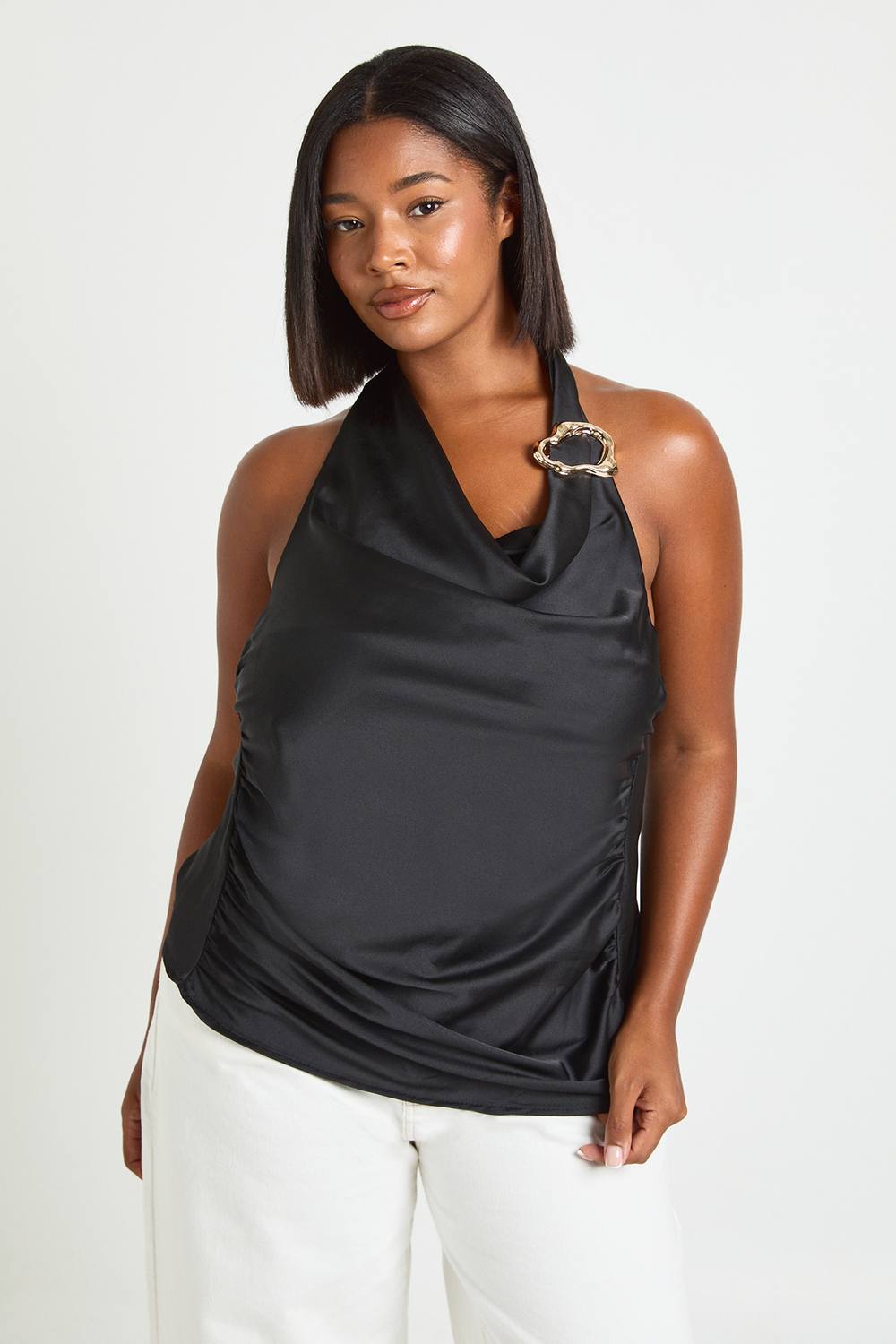 Gold Trim Halter Satin Top