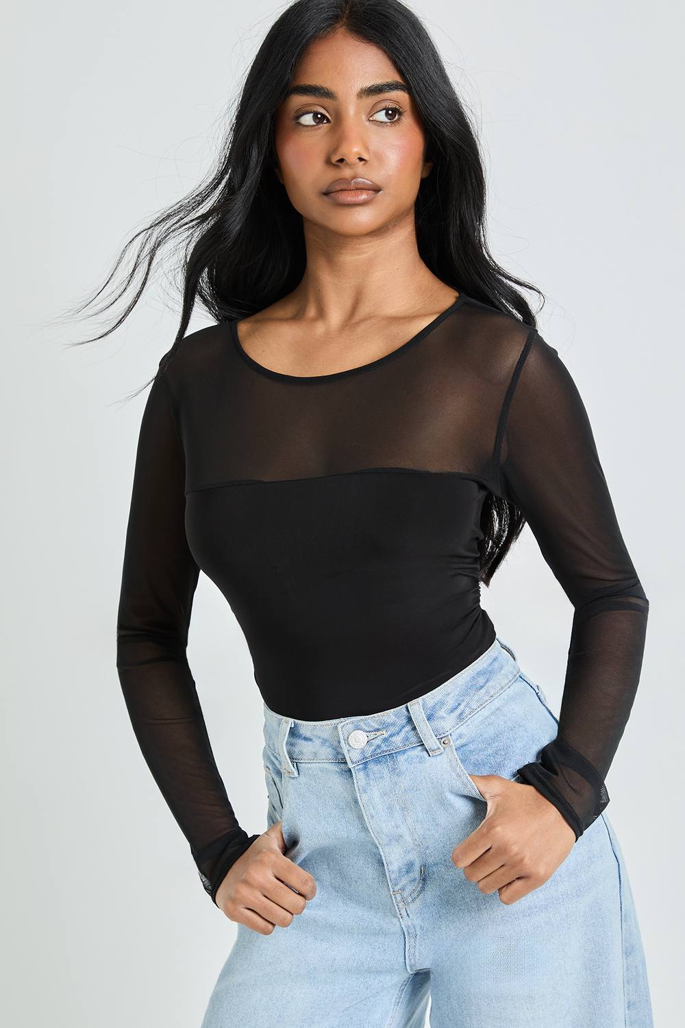 Mesh Panel Front Long Sleeve Bodysuit