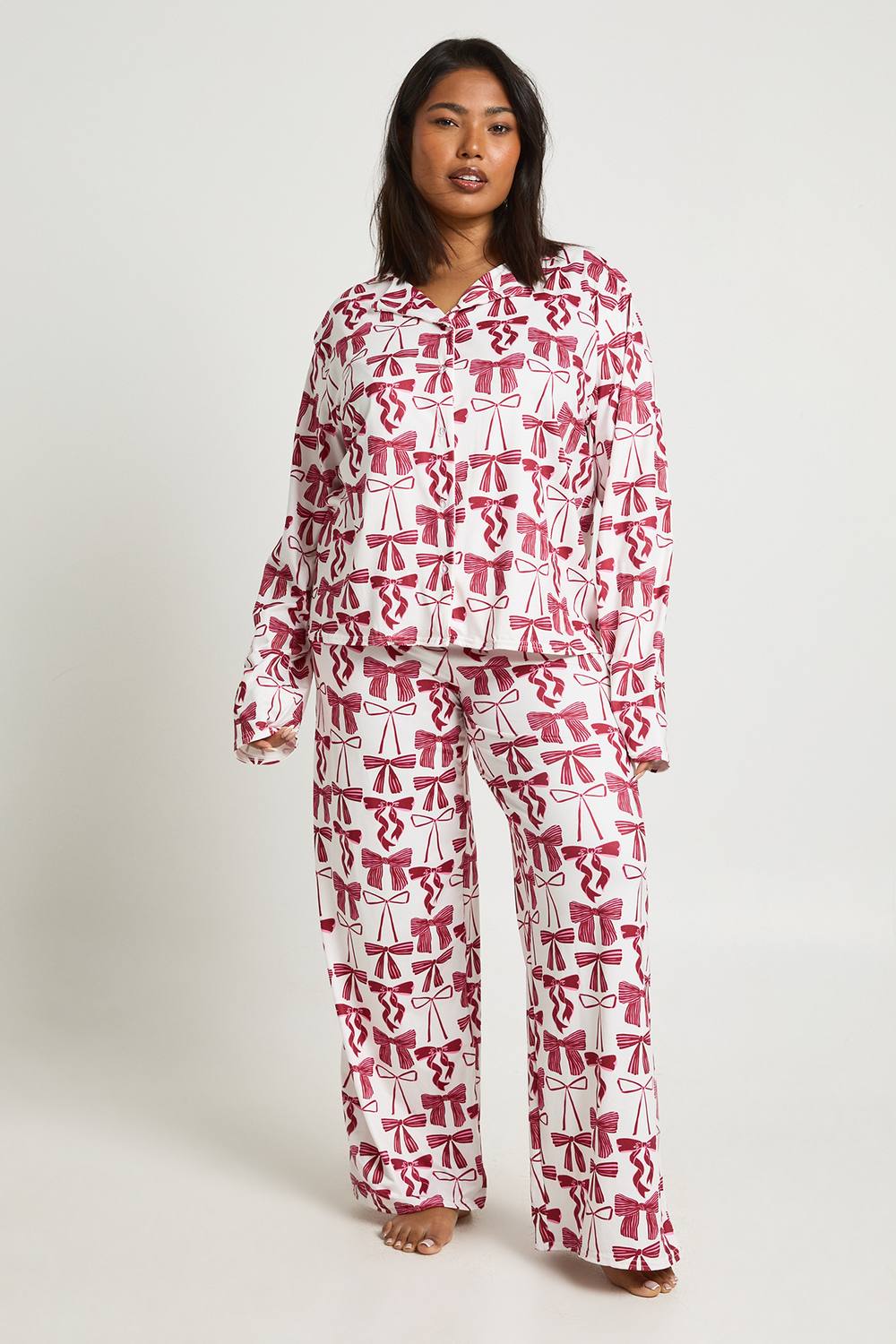 Bows Print Long Sleeve Shirt & Trouser Pyjama Set by boohoo
