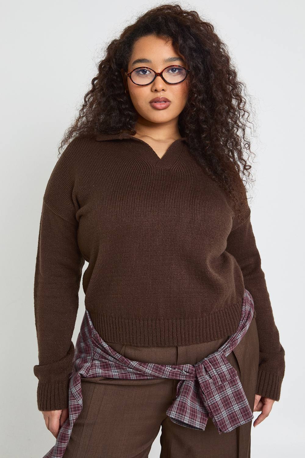 Collared V Neck Knit Top