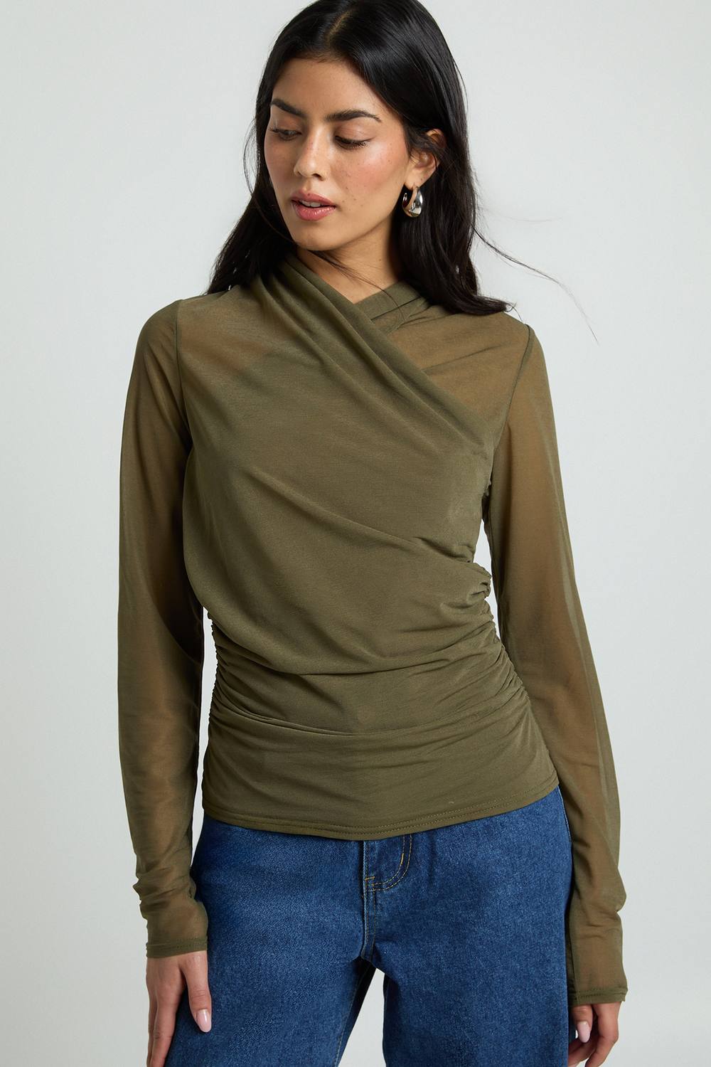 Sheer Textured Wrap Neck Long Sleeve Top