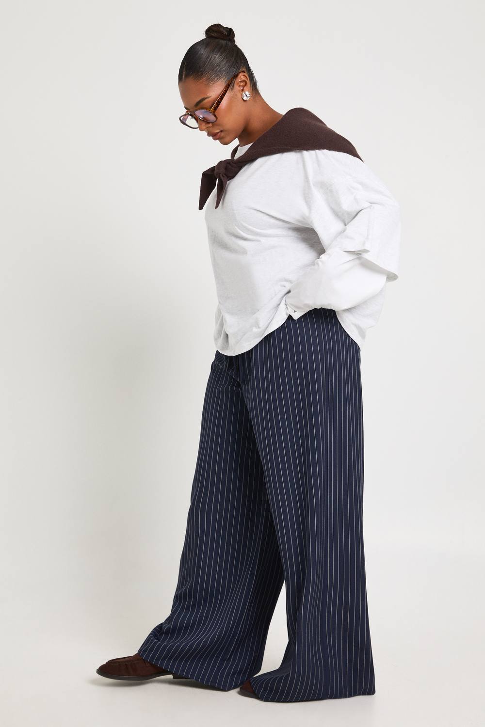 Pinstripe Woven Elasticated Waist Drawstring Wide Leg Trouser