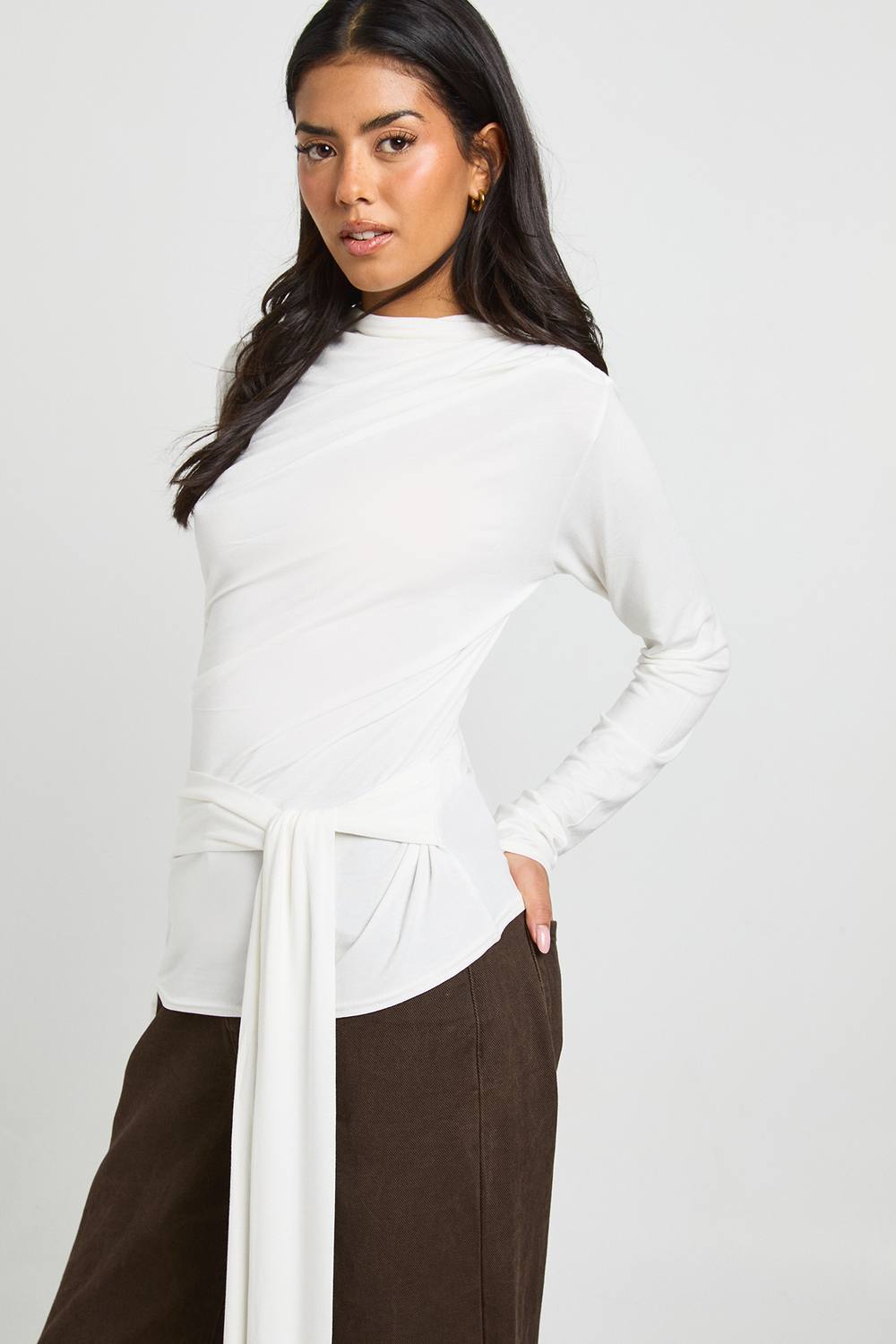 Cowl Neck Long Sleeve Tie Waist Top