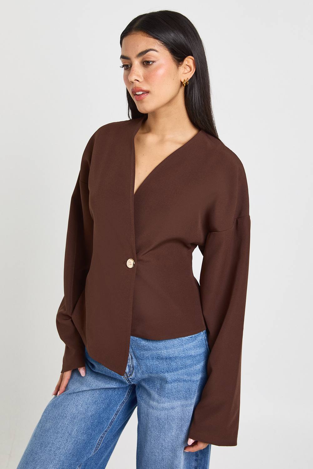 Gold Button Long Sleeve Wrap Top
