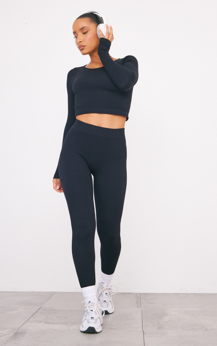 Women's Black Structured Contour Ribbed Leggings