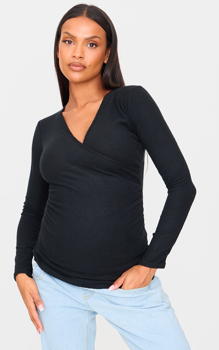 Women's Maternity Black Brushed Rib Ruched Top by PrettyLittleThing