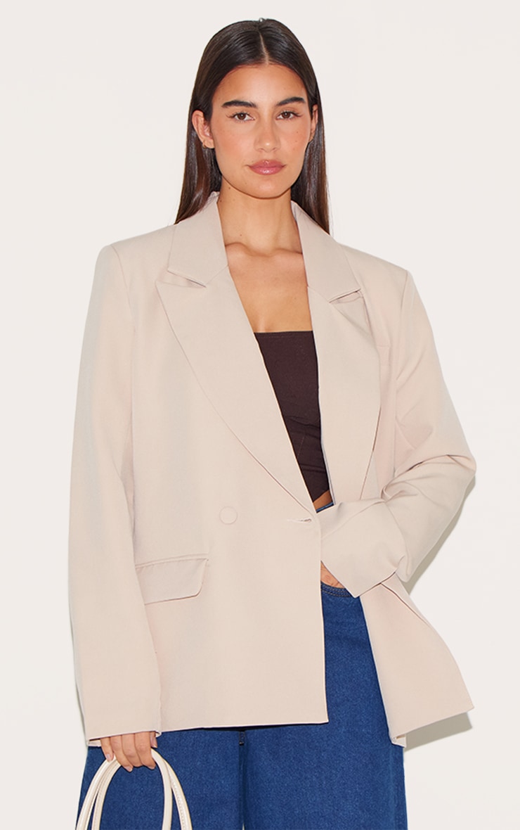 Women's Stone Double Breasted Oversized Boxy Fit Blazer by PrettyLittleThing