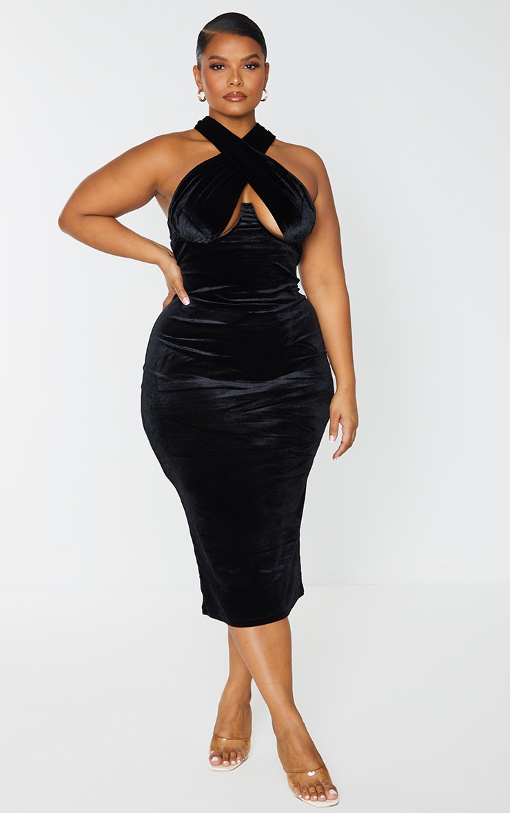 Women's Plus Black Velvet Underwired Cross Front Midi Dress
