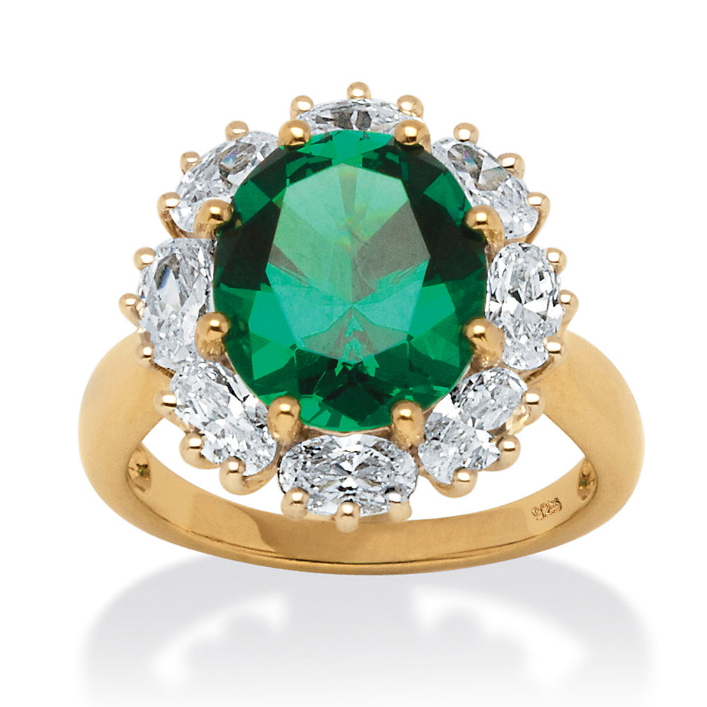 7.08 TCW Created Emerald & CZ Halo Ring in Gold-Plated Sterling Silver
