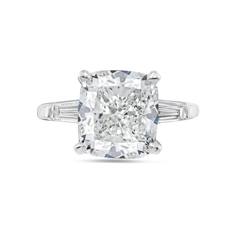 18kt White Gold Lab Grown Cushion Cut and Baguette Engagement Ring Featuring 3 ct Center and 0.50 Cts on the Sides
