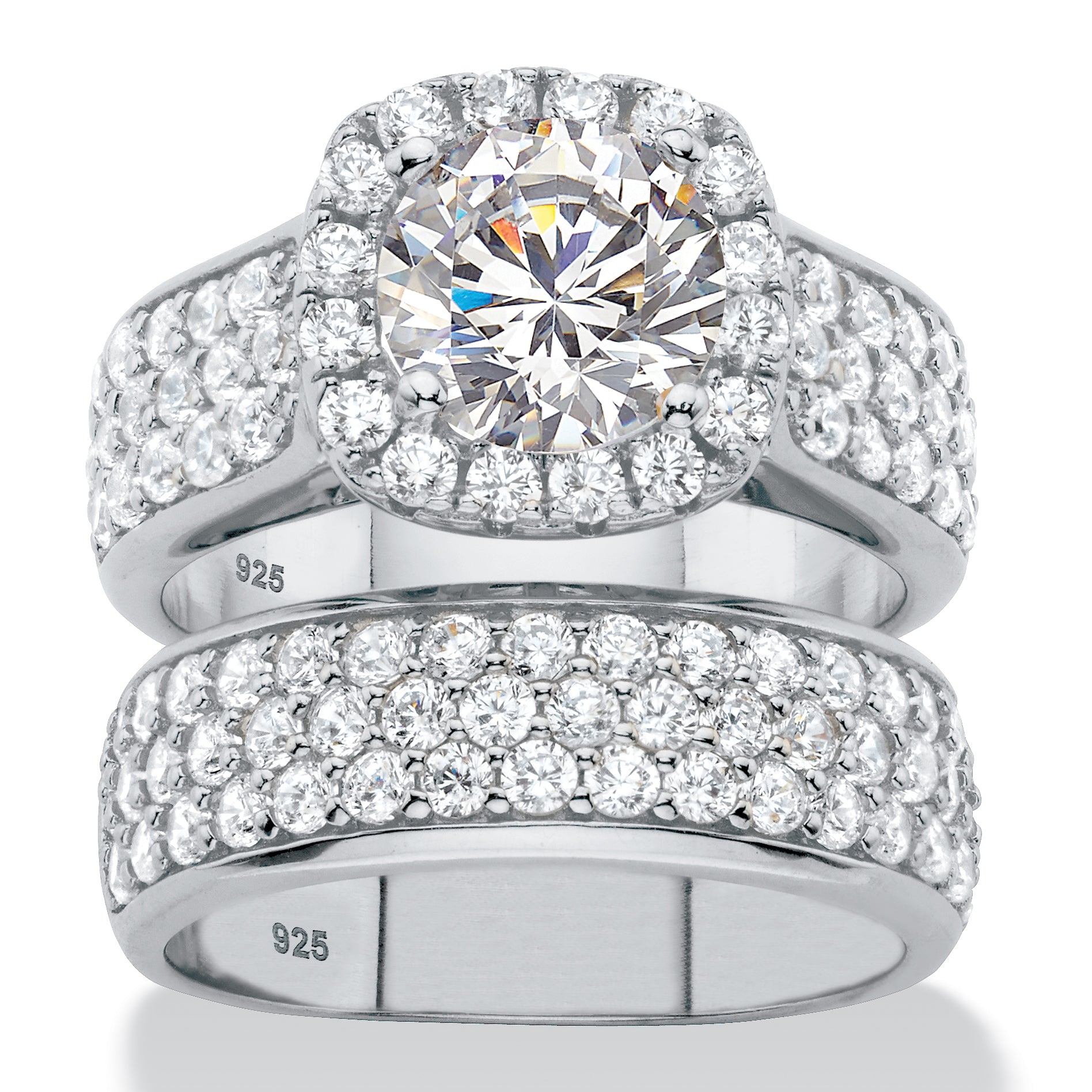 4.43 TCW Cubic Zirconia Platinum-Plated Silver 2-Piece Halo Bridal Ring Set