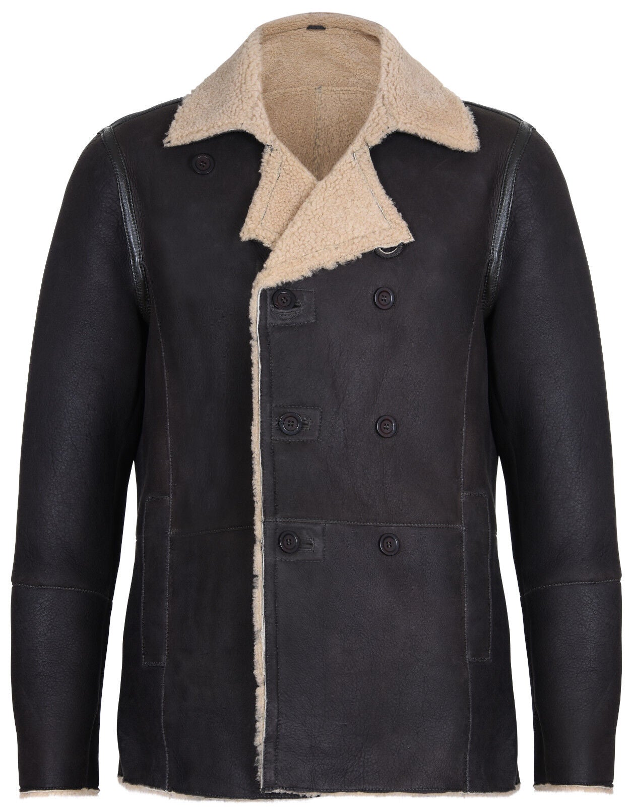 Double Breasted Shearling Sheepskin Pea Coat-Valencia