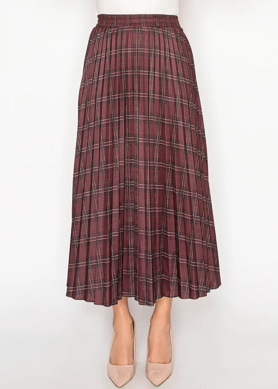 Burgundy Plaid Midi Skirt