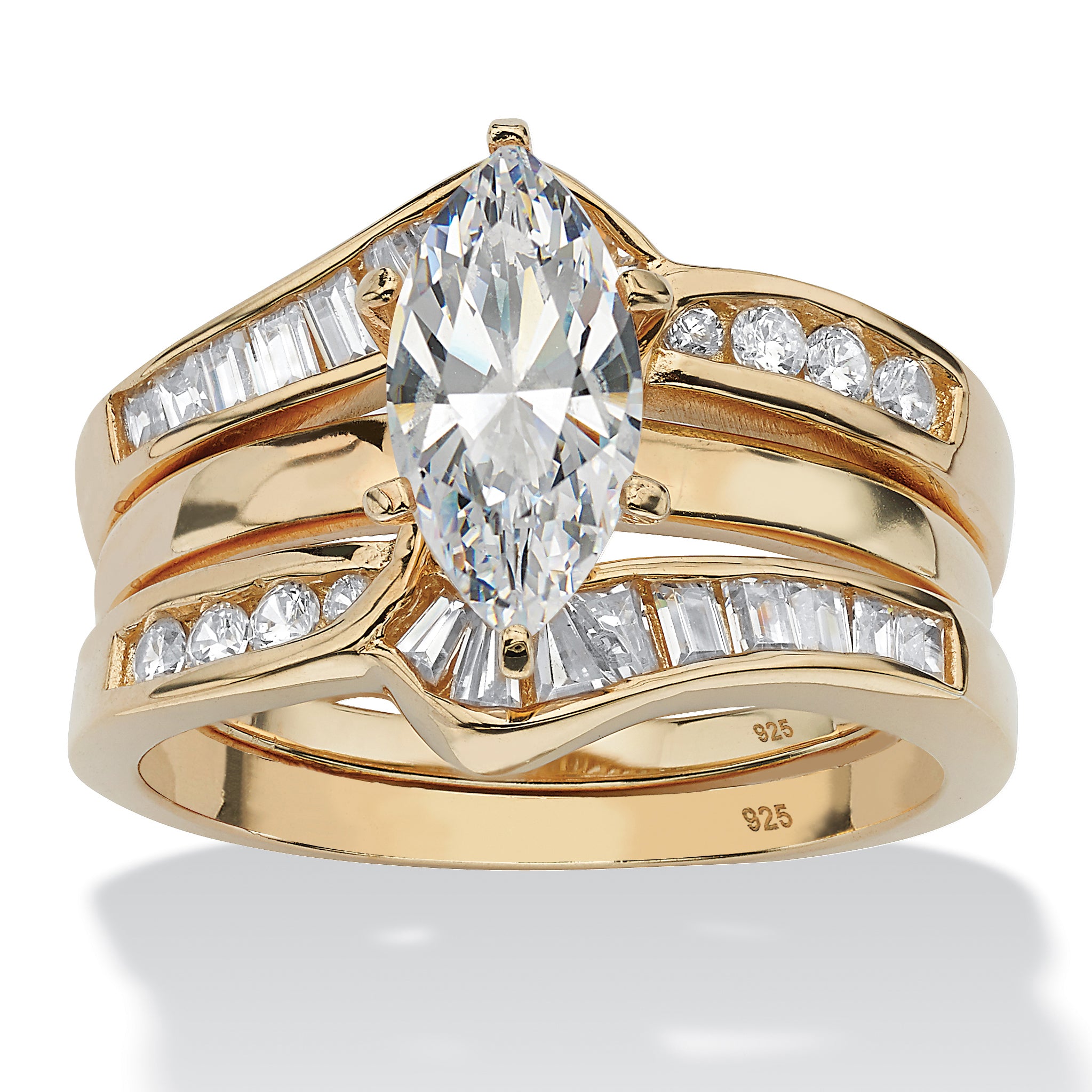 3.57 TCW Marquise-Cut CZ Gold-Plated.925 Silver 2 Piece Jacket Bridal Ring Set