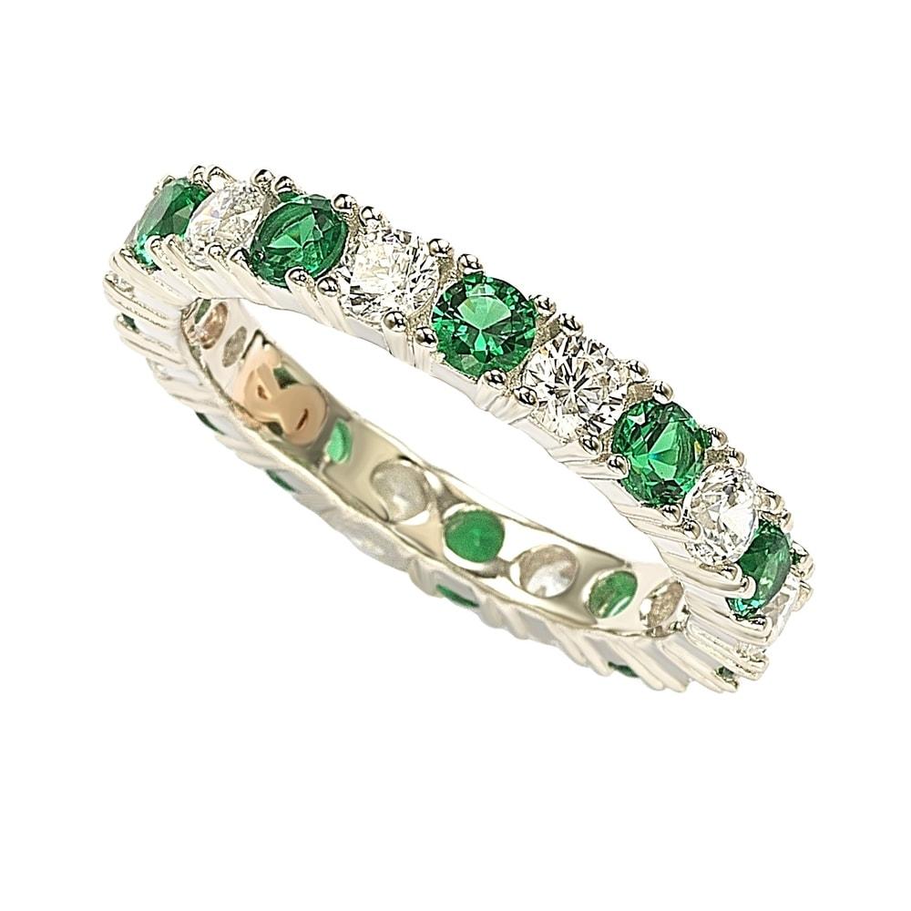 Sterling Silver Cubic Zirconia Green Emerald Alternating Eternity Band