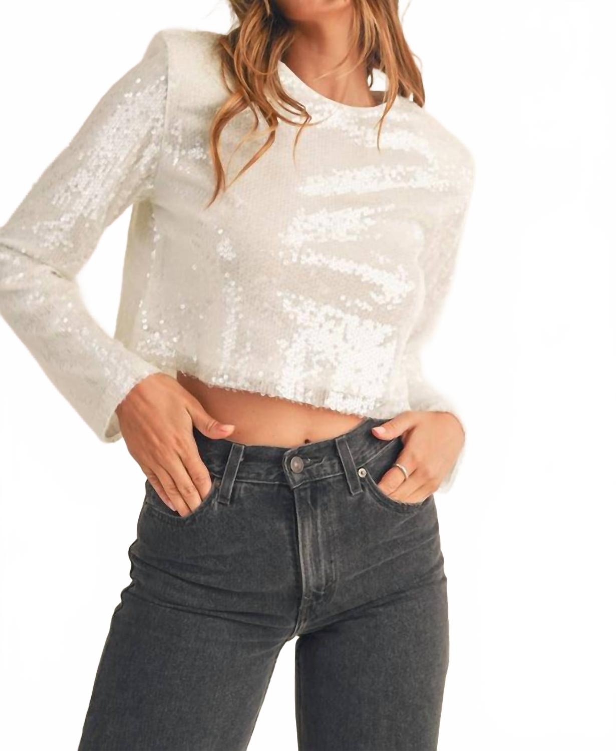 Shoulder Padded Crop Top in White Sequin