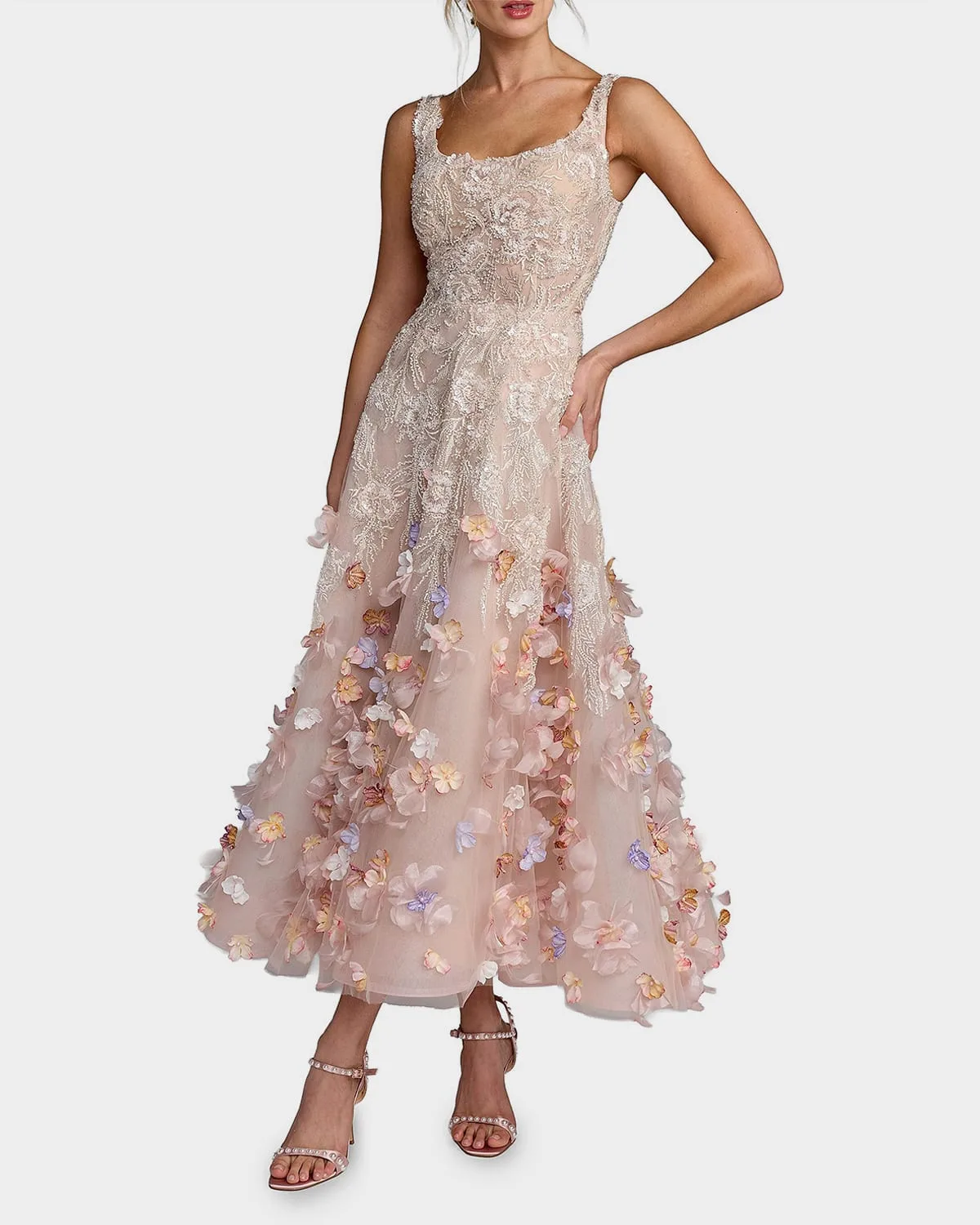 Beaded Floral Applique Midi Dress