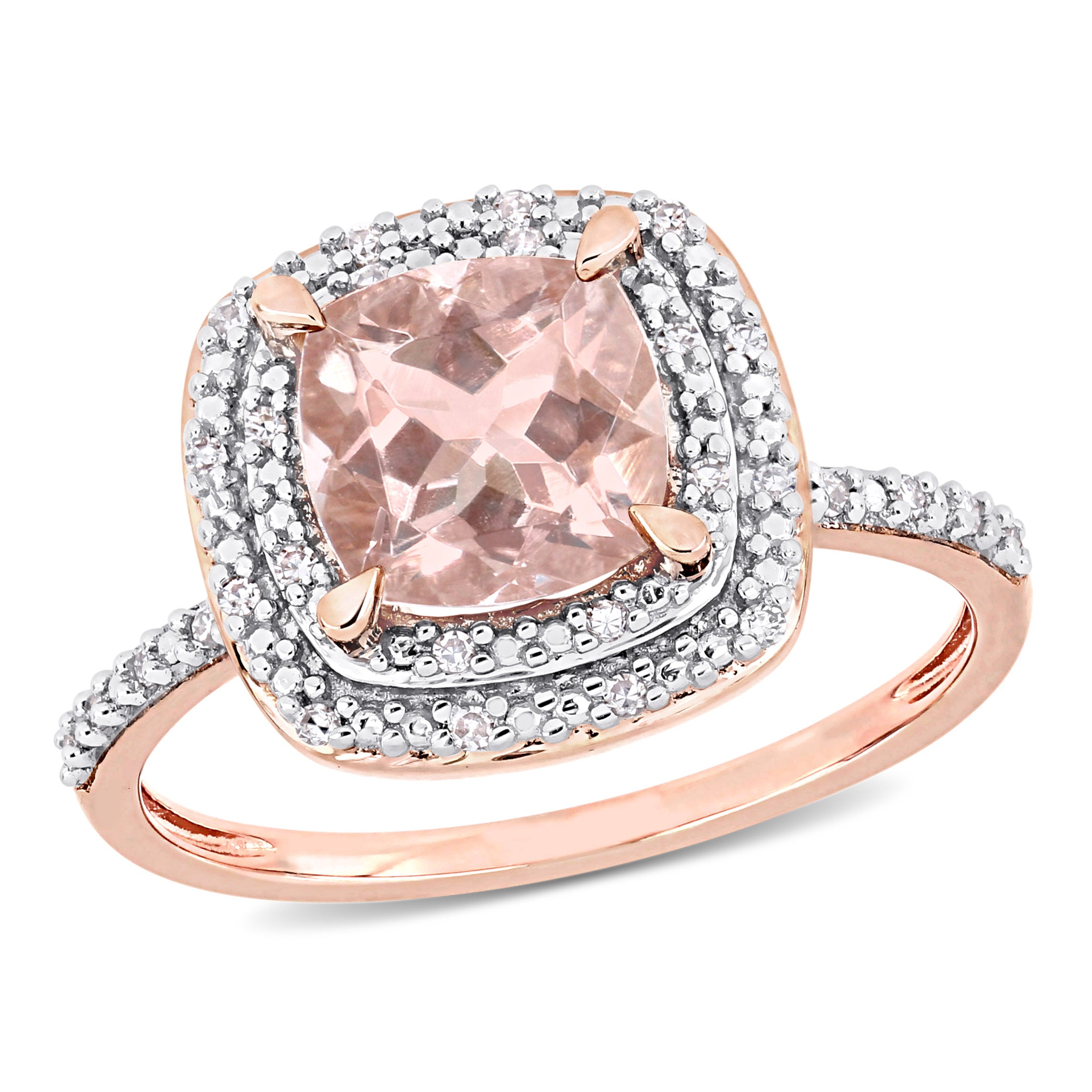 1 5/8ct TGW Morganite and 1/10ct tw Diamond Double Halo Cocktail Ring in 14k Rose Gold