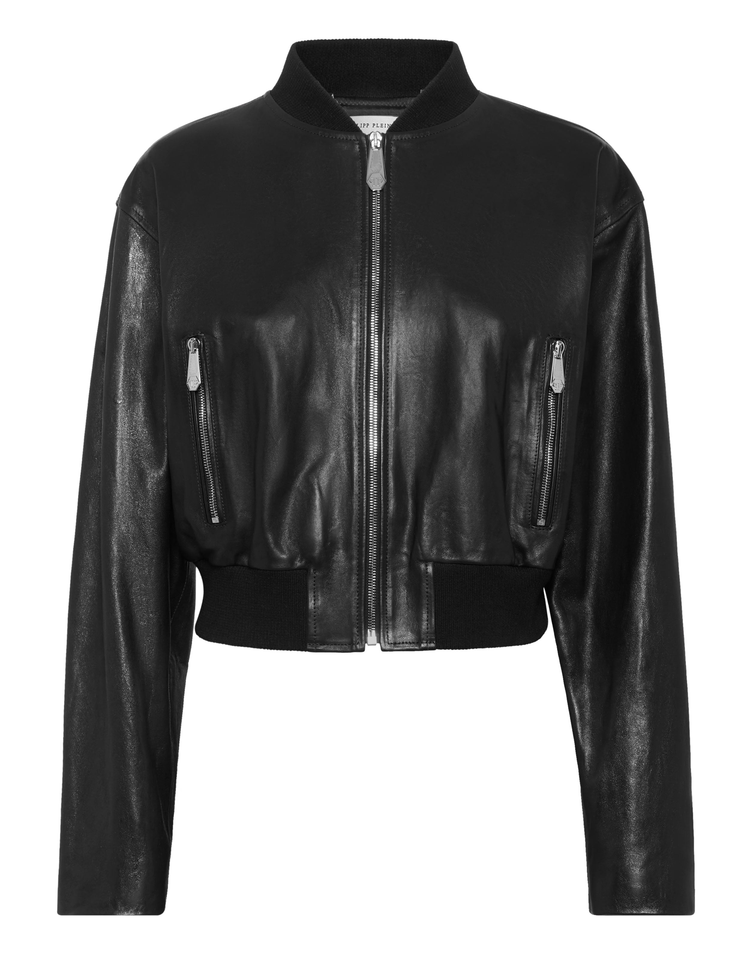 Cropped Leather Bomber Embossed Signature