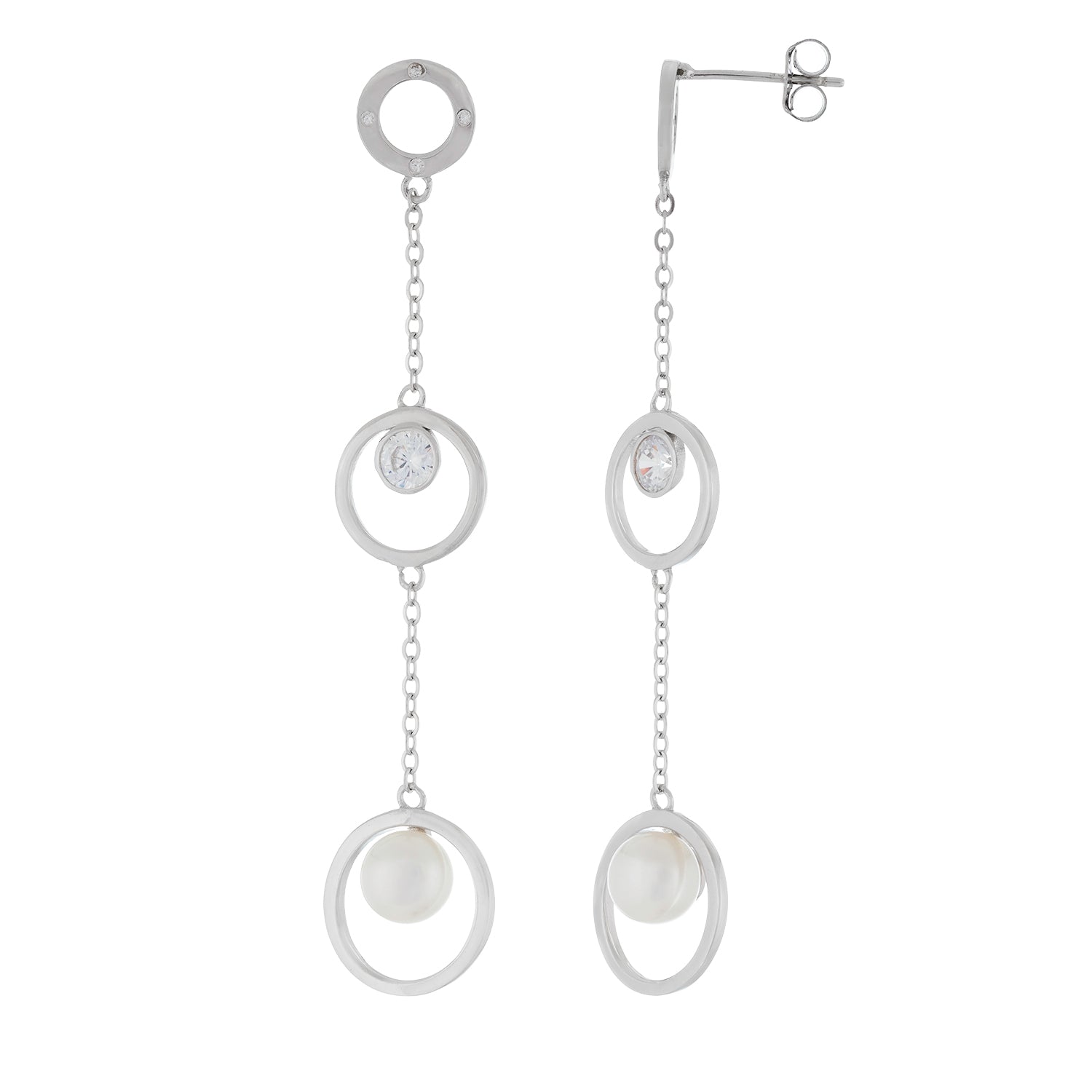 Fancy Triple Stationed CZ 6-6.5mm Freshwater Pearl Earrings