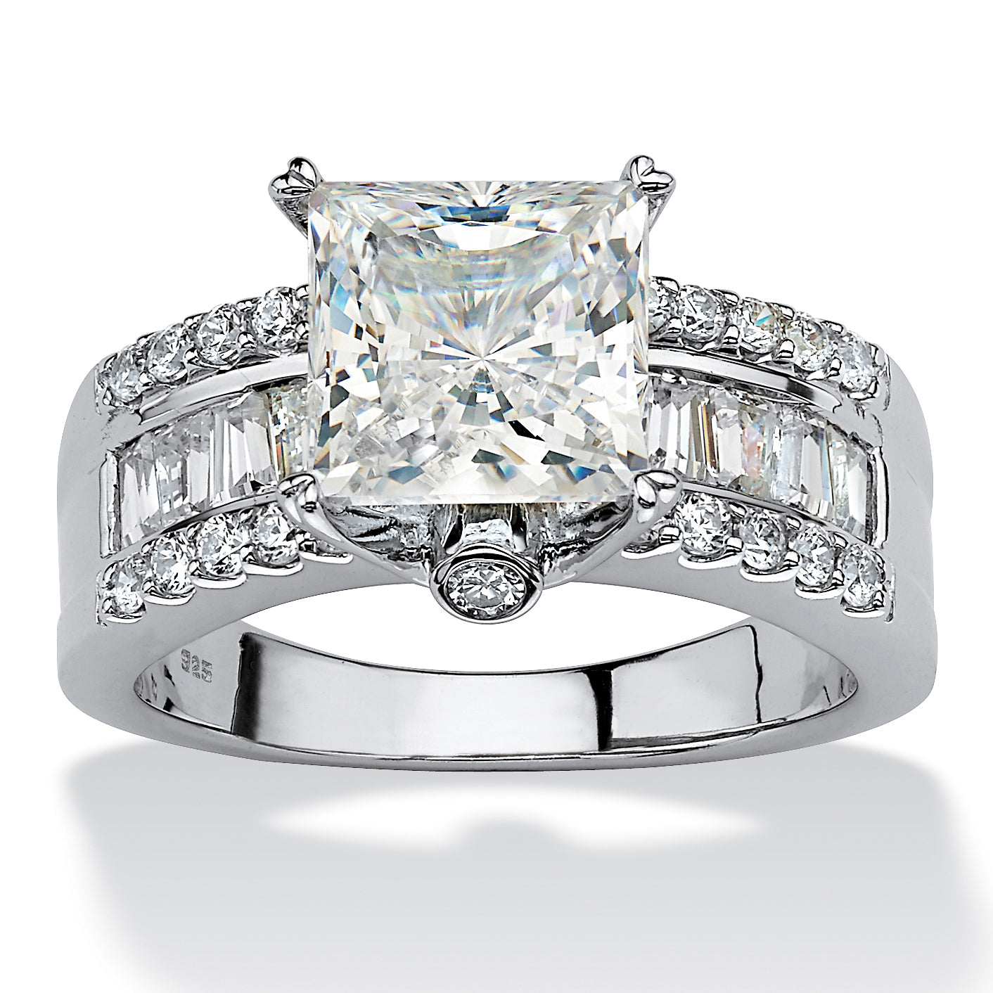 3.43 TCW Princess-Cut Cubic Zirconia Platinum-Plated Silver Engagement Ring