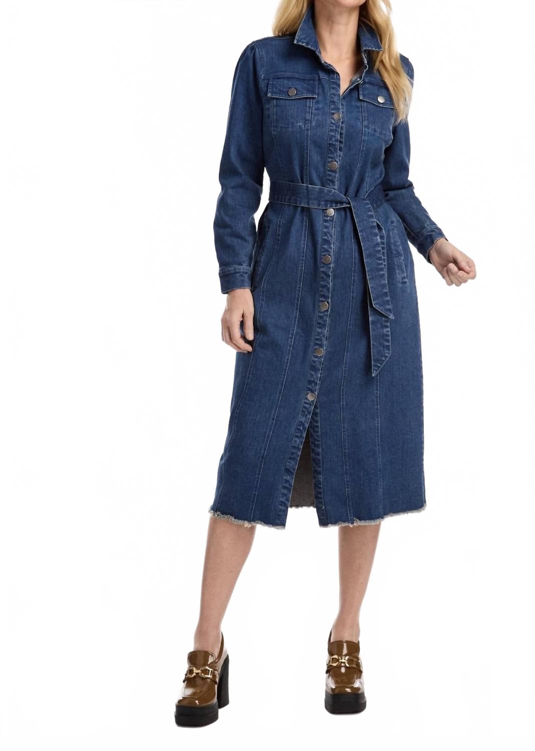 Denim Midi Dress with Belt in Medium Wash