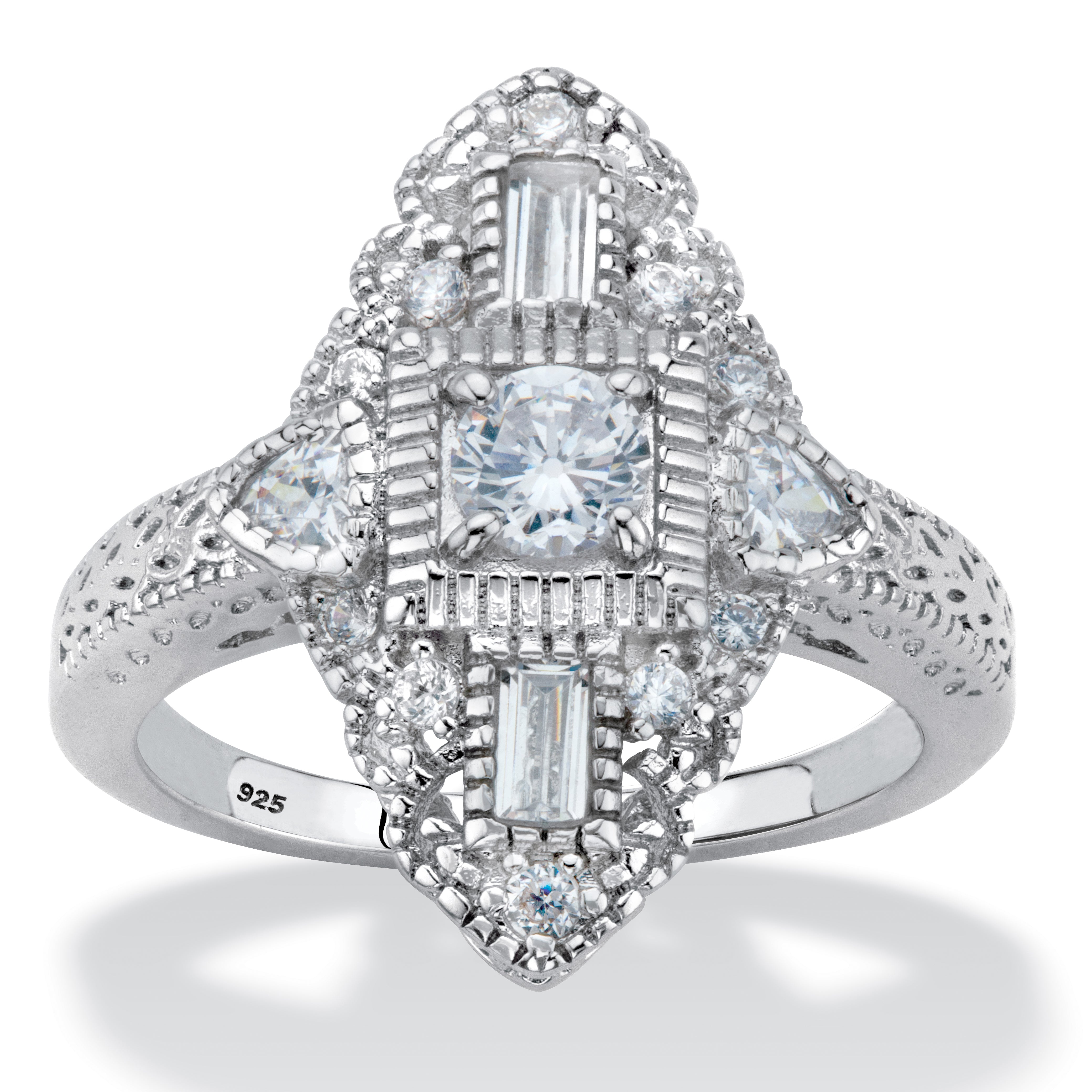 1.03 Cttw. CZ Platinum-Plated Silver Art Deco Ring