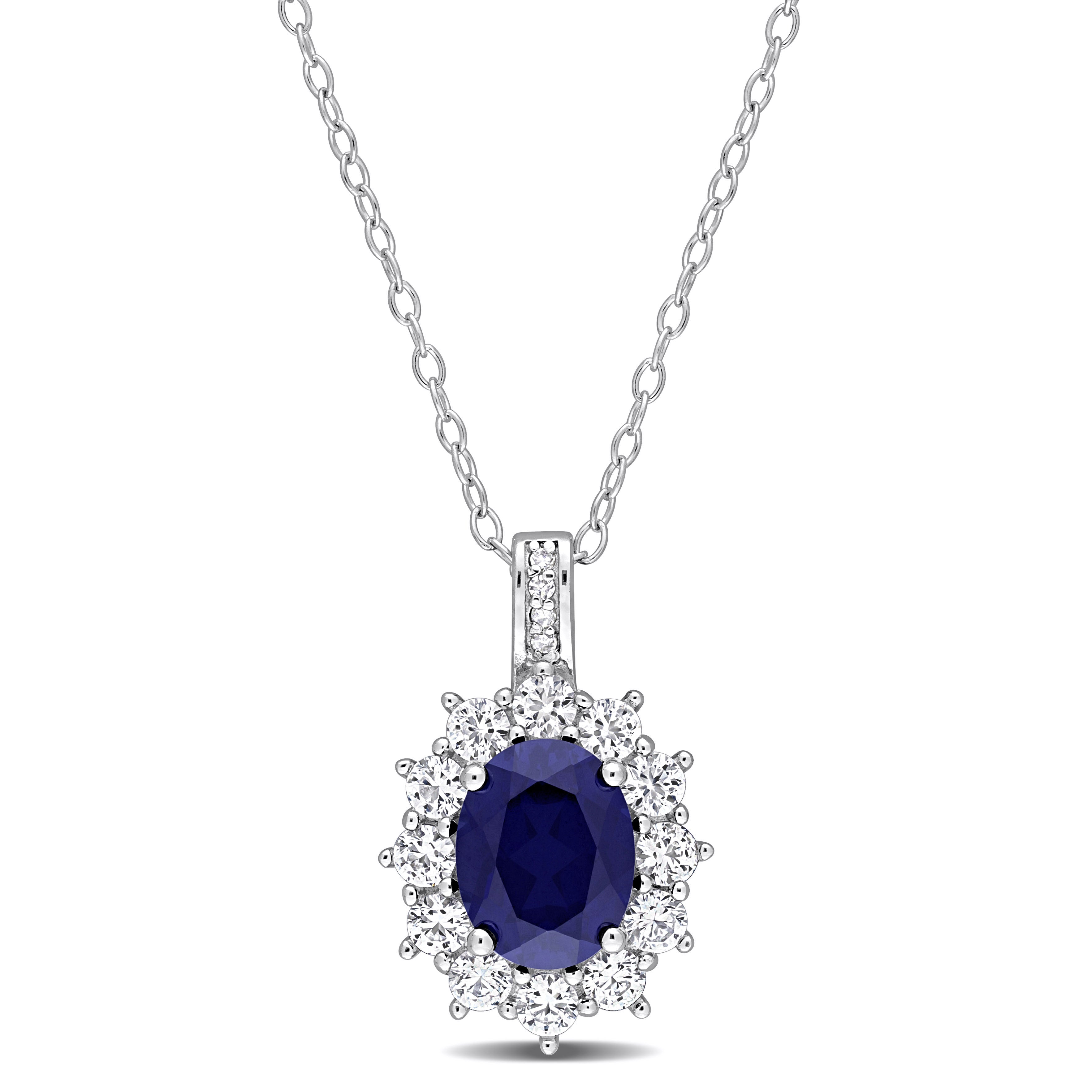 4 ct TGW Created Blue and Created White Sapphire and 0.02 ct tw Diamond Oval Halo Pendant with Chain in Sterling