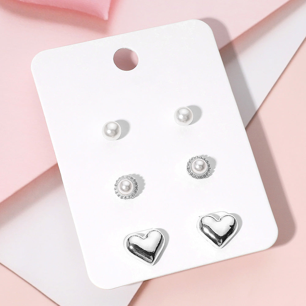 3 Pairs Pearl Metal Heart Stud Earring Set - Rhodium