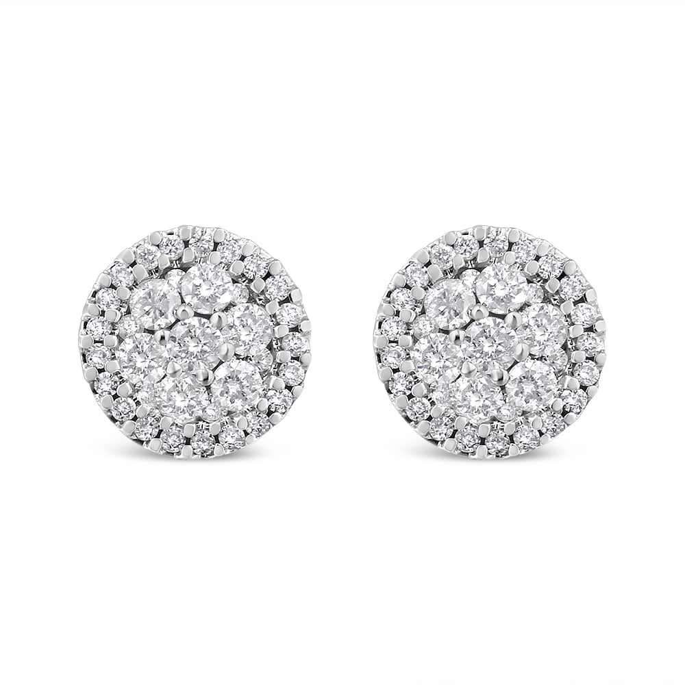 14K White Gold 1.0 Cttw Brilliant-Cut Diamond Halo-Style Cluster Round Button Stud Earrings