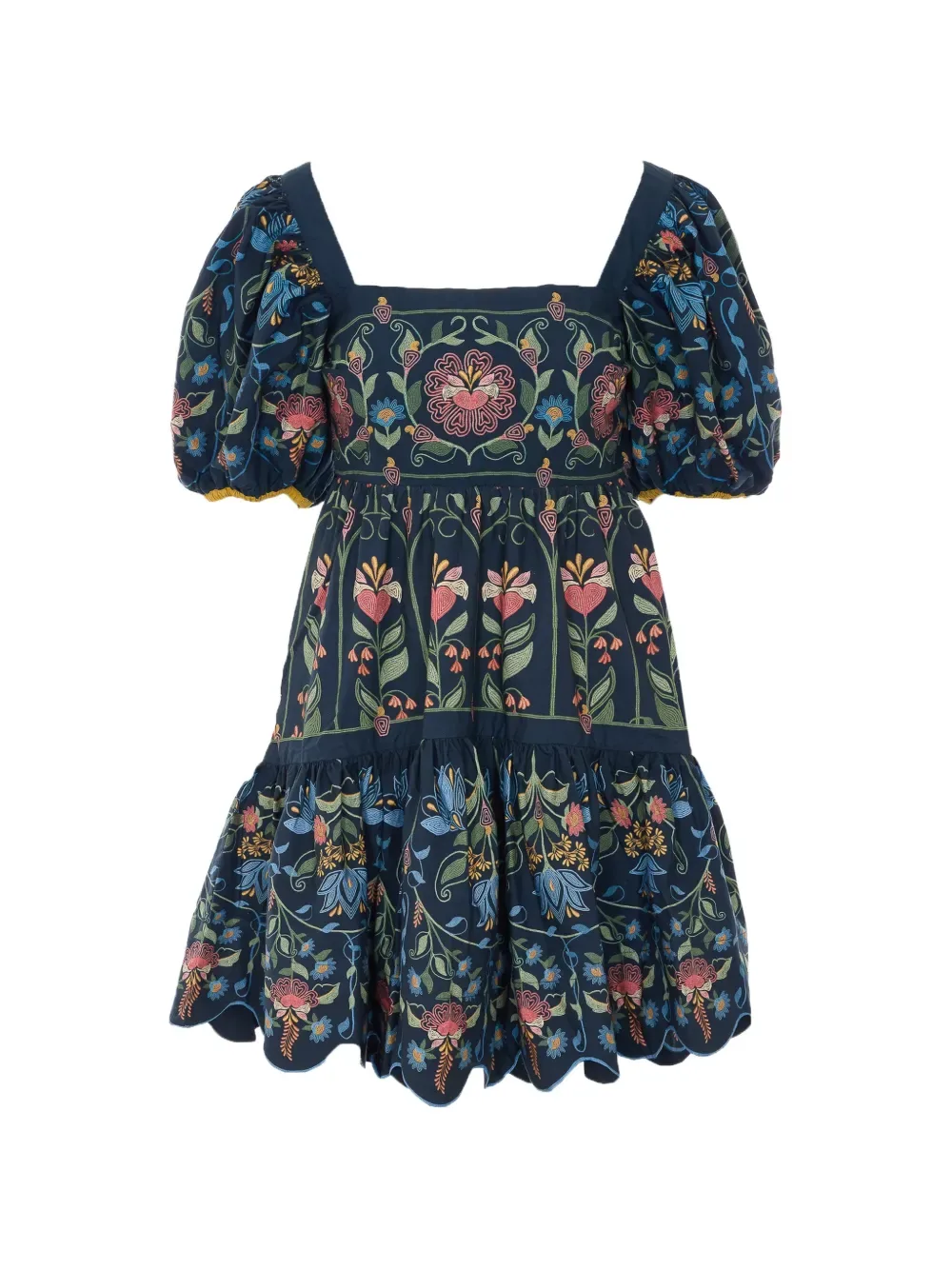 Floral-Embroidered Puff-Sleeve Mini Dress