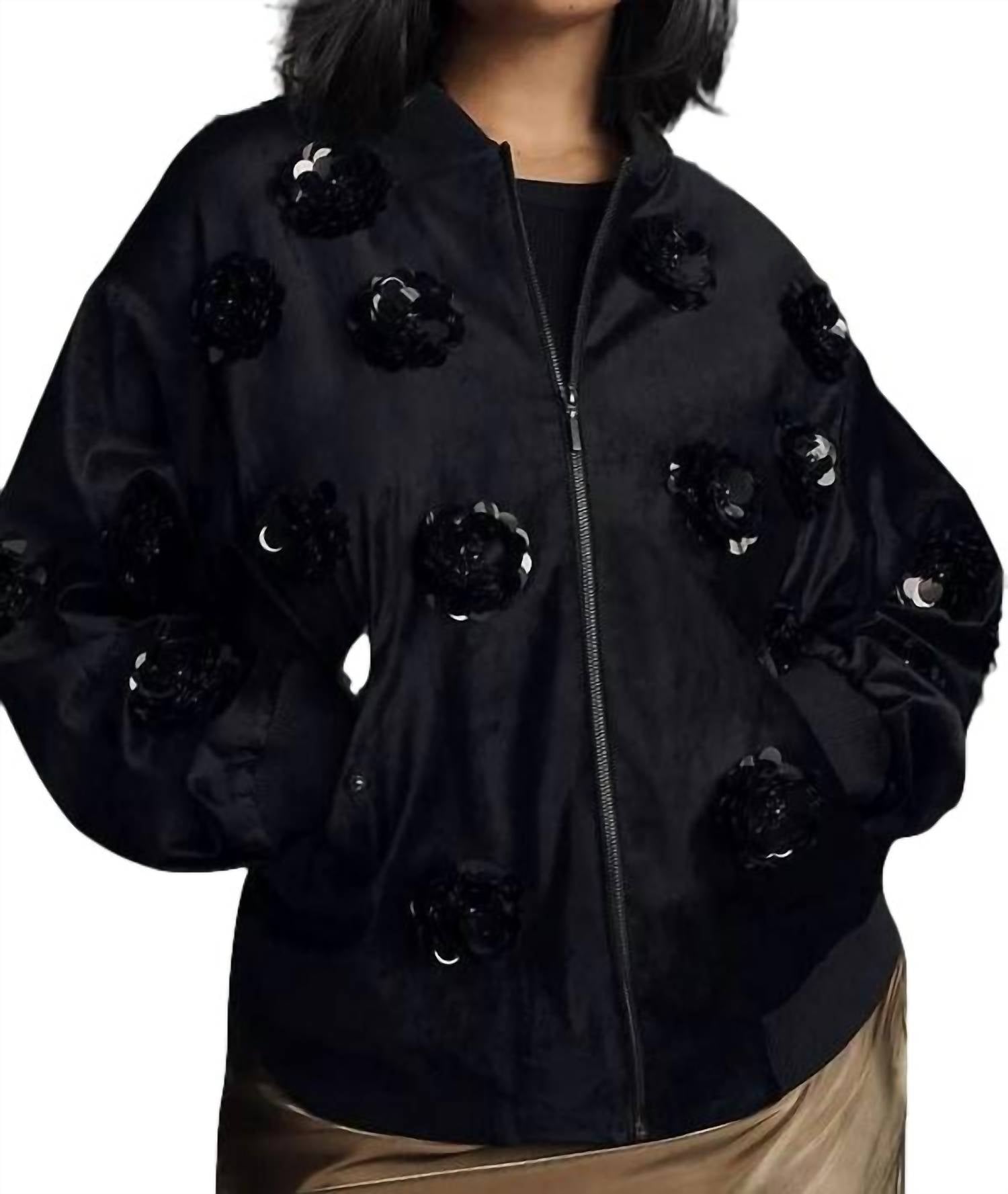 Velvet Floral Embroidered Bomber Jacket in Balck