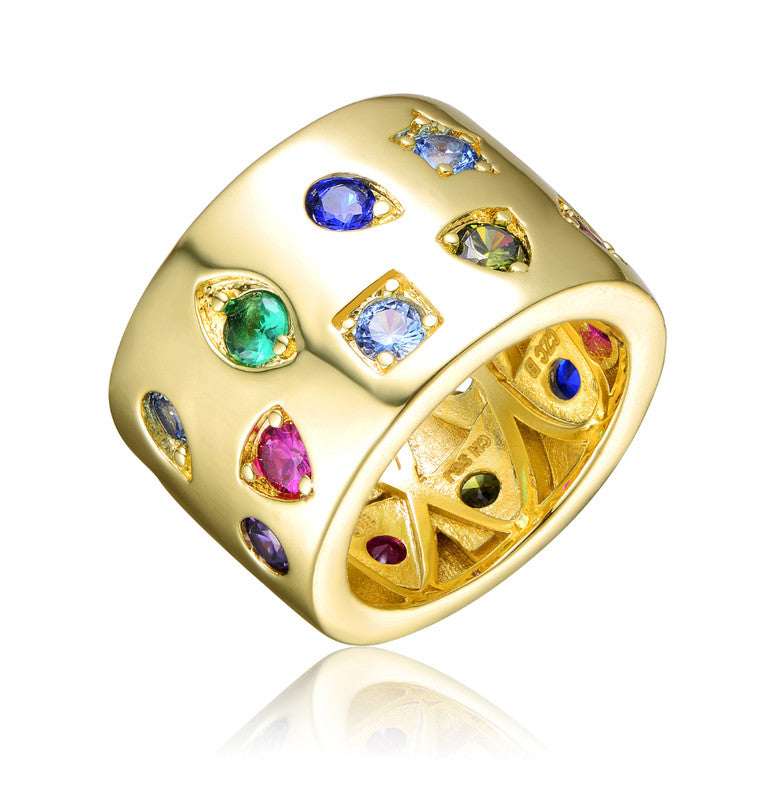 14k Gold Plated with Multi Colored Cubic Zirconia Wide Band Ring