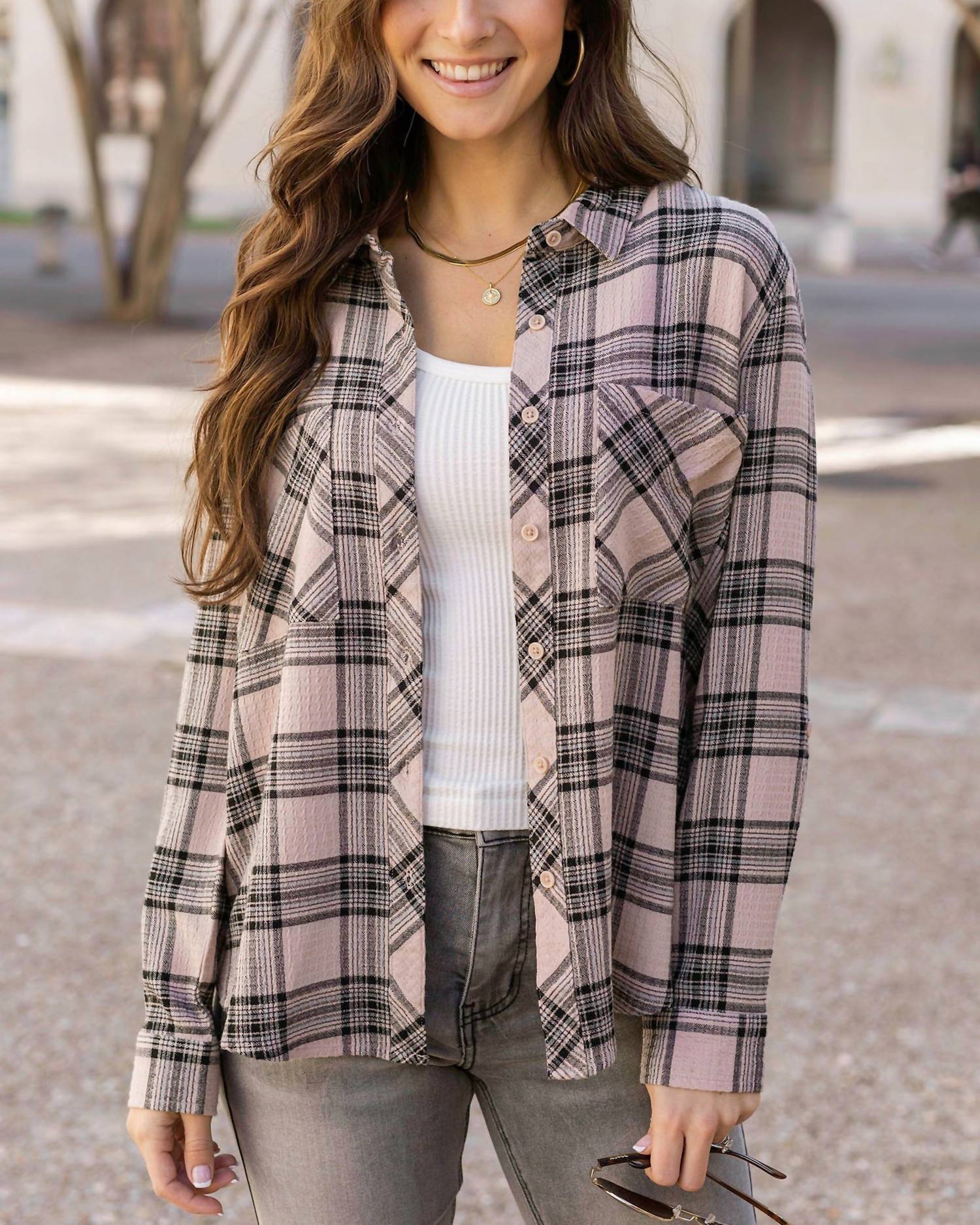 Favorite Button Up Plaid in Blush/Black Plaid