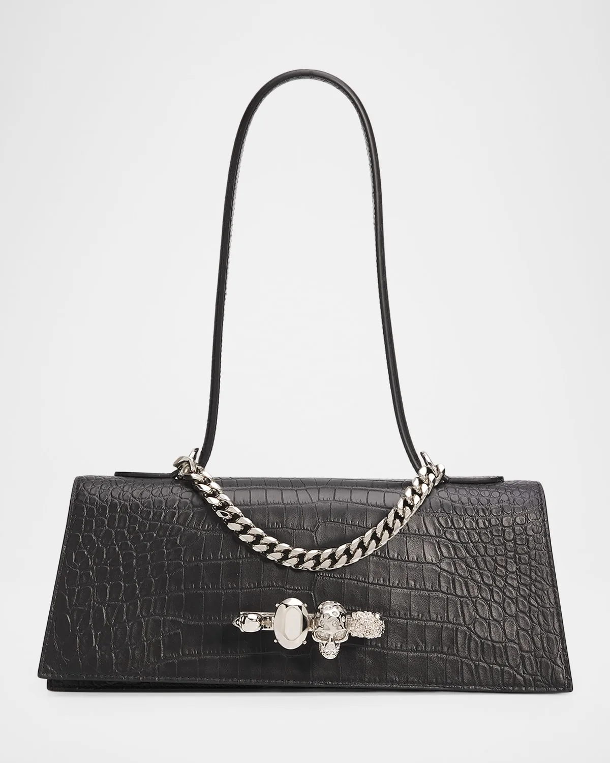 Croc-Embossed Jeweled Shoulder Bag