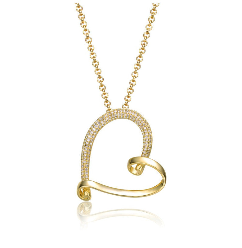 14k Gold Plated with Clear Cubic Zirconia Open Ribbon Heart Asymmetrical Pendant Necklace