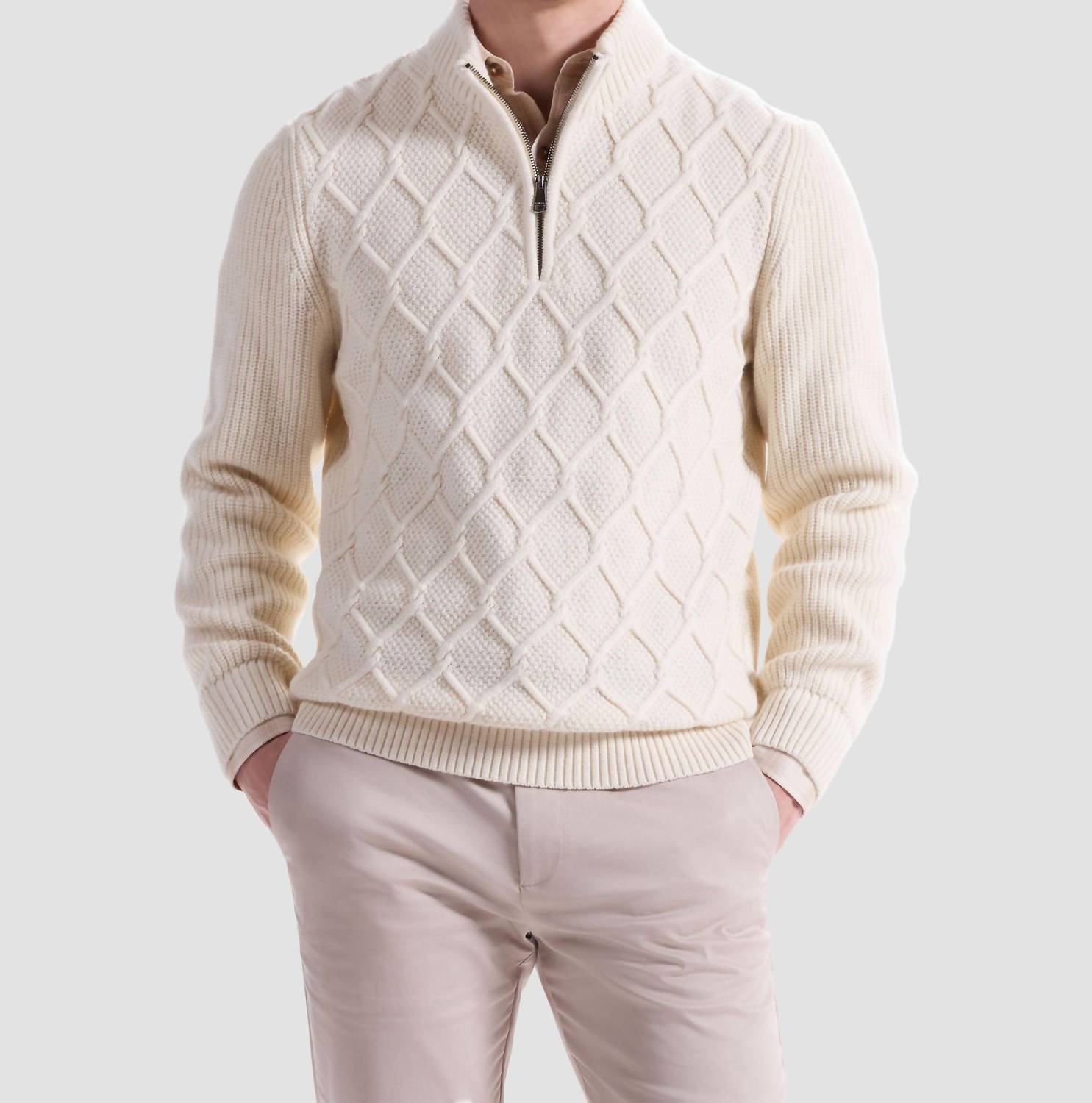 Men's Zip Sweater In Chalk by Bugatchi Uomo