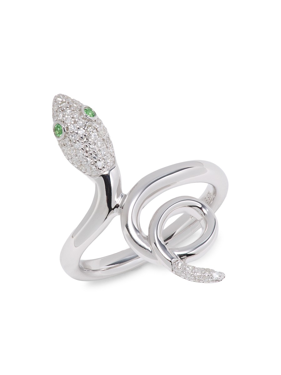 Women's Eny 14K White Goldplated Sterling Silver, 0.14 TCW Diamond & Tsavorite Snake Ring - Silver - Size