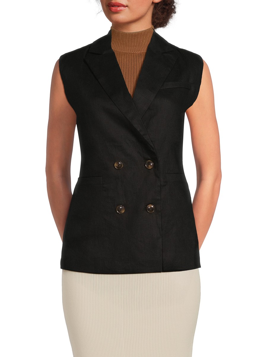 Women's 100% Linen Longline Vest - Black - Size