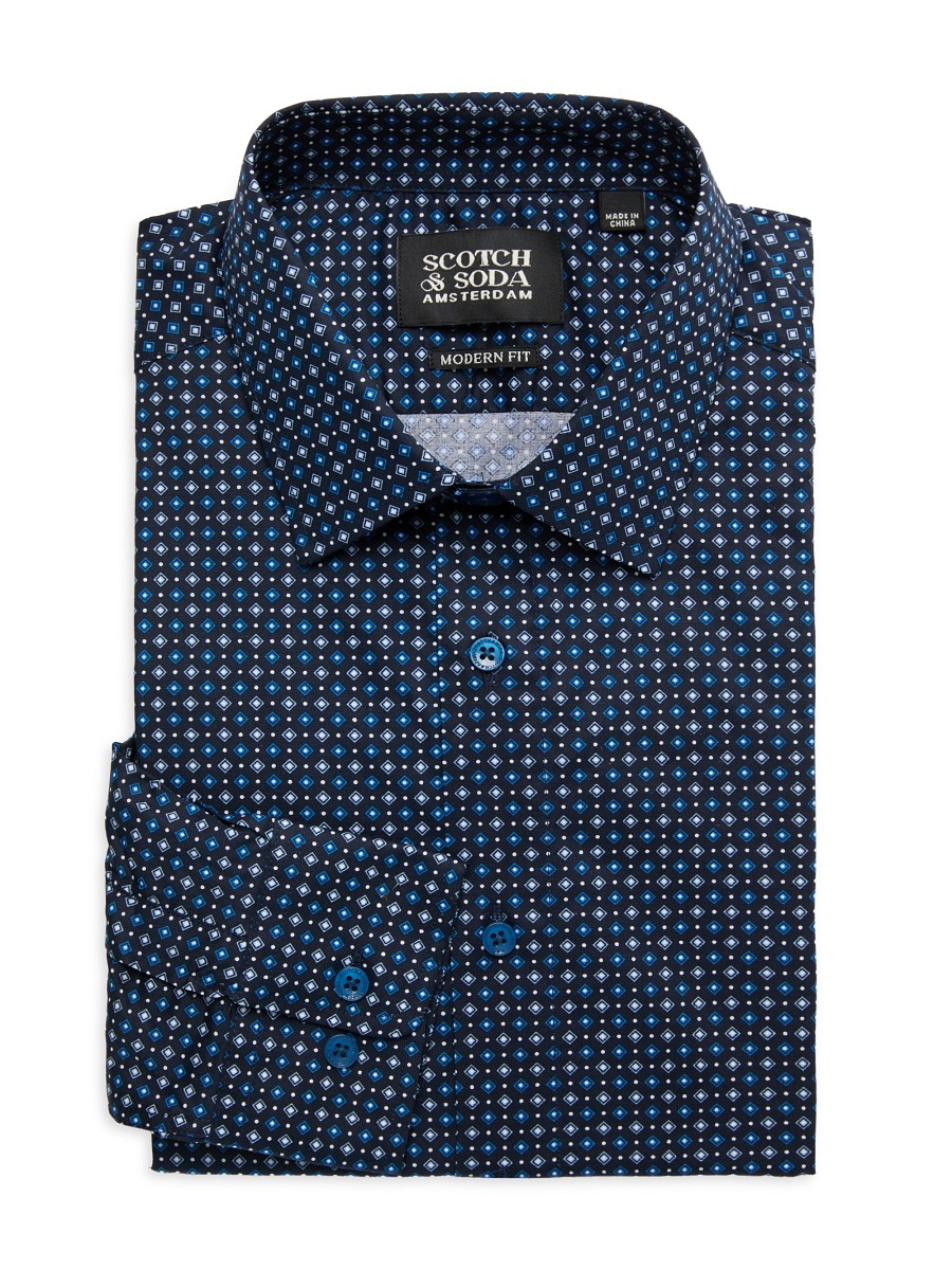 Men's Print Modern Fit Dress Shirt - Navy - Size