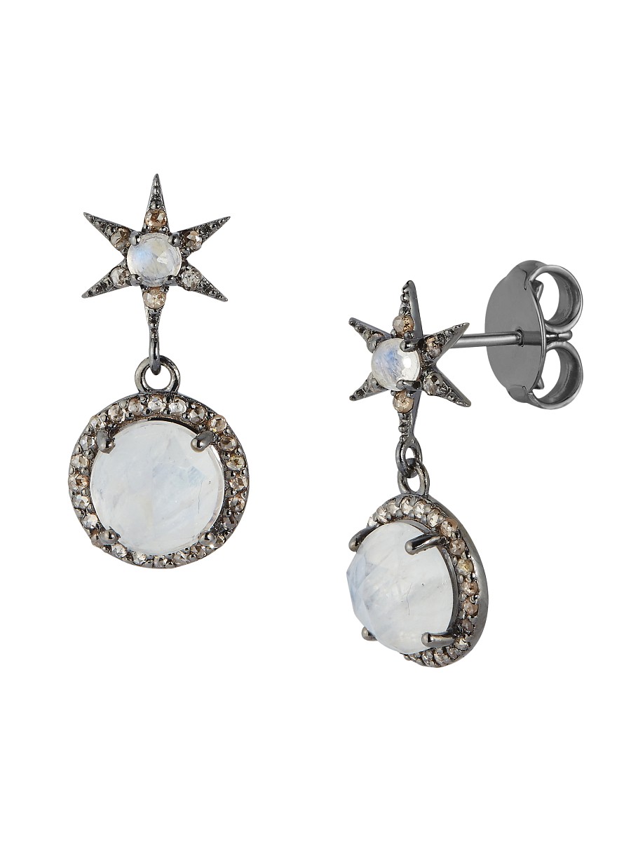 Women's Black Rhodium Plated Sterling Silver, Rainbow Moonstone & Brown 0.63 TCW Diamond Drop Earrings