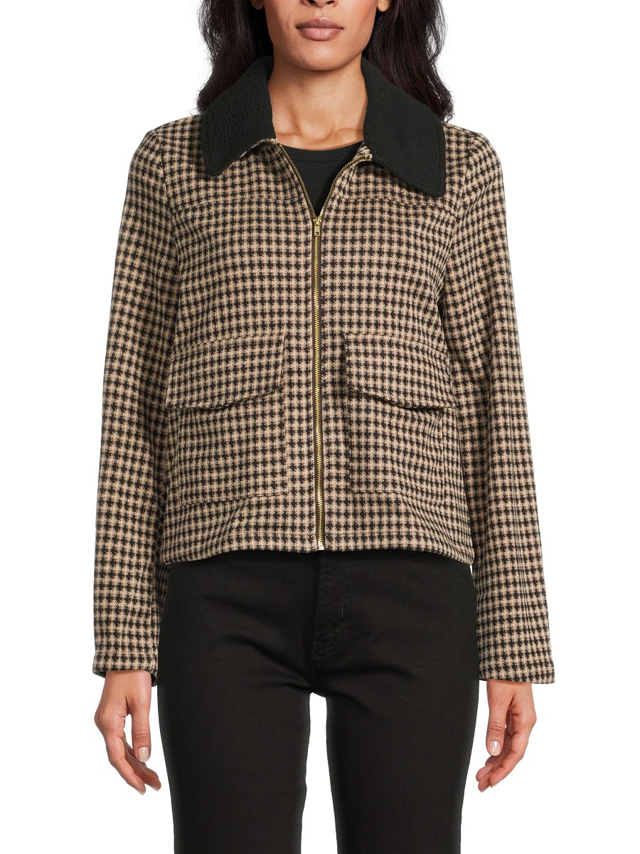 Women's Gingham Faux Shearling Collar Jacket - Brown Multi - Size by Nanette Lepore