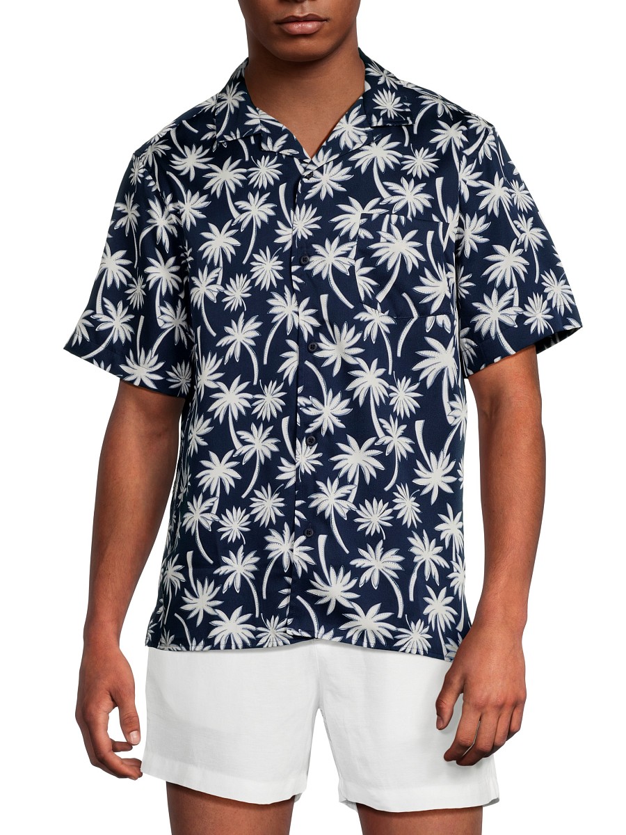 Men's Palm-Print Tencel Shirt - Deep Navy - Size