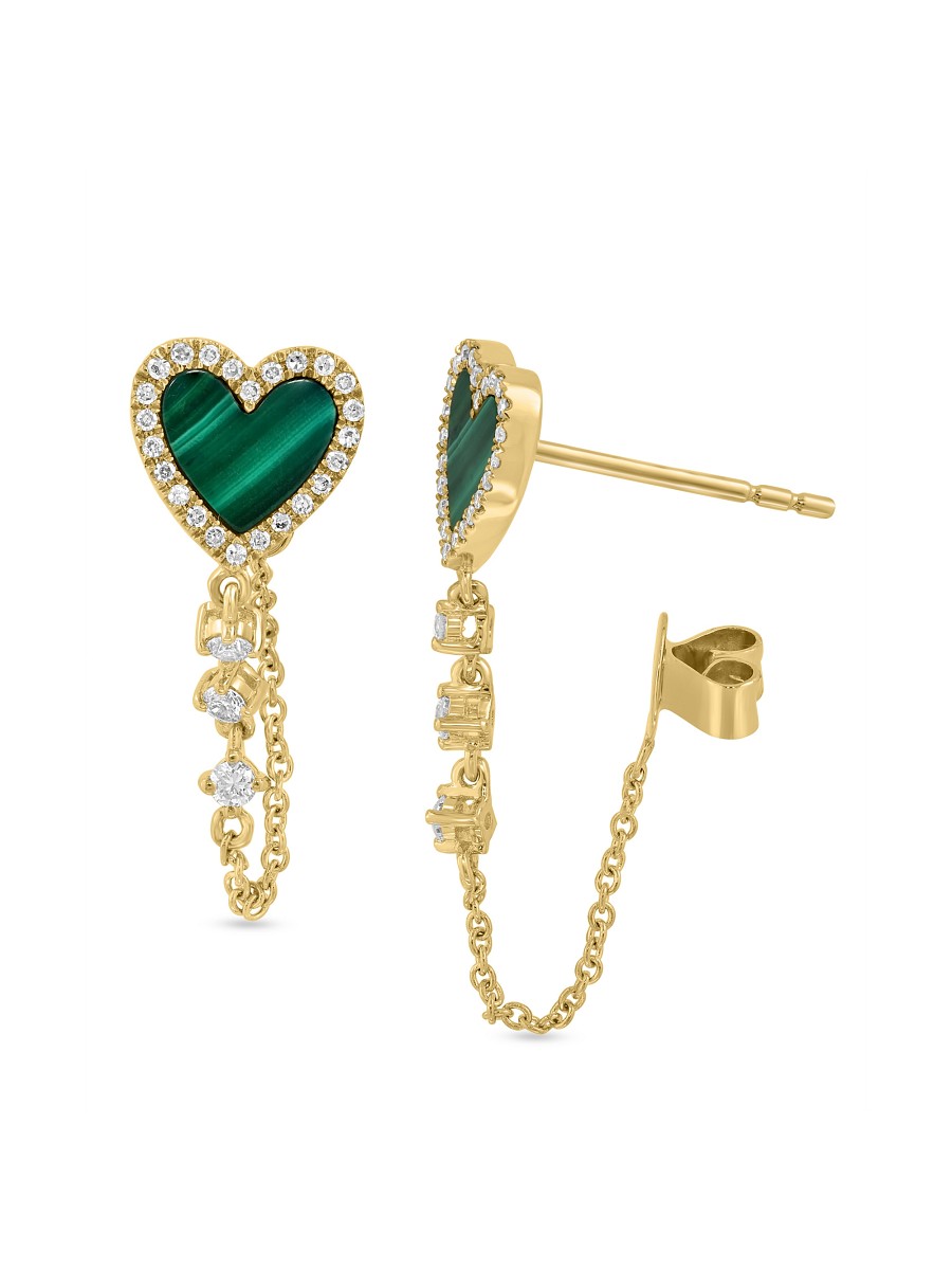 Women's 14K Yellow Gold, Malachite & 0.28 TCW Diamond Heart Drop Earrings - by Effy