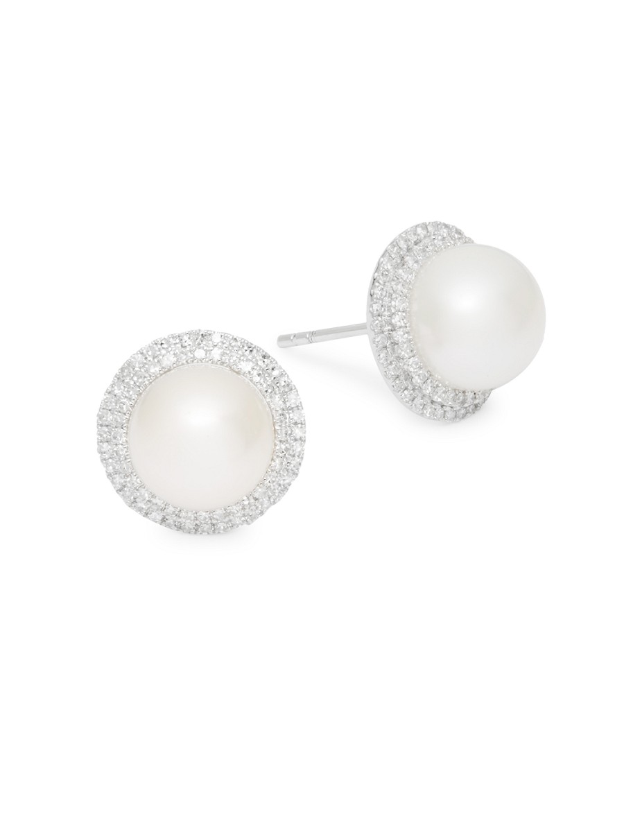 Women's 14K White Gold, 6mm White Freshwater Pearl and 0.4 TCW Diamond Stud Earrings