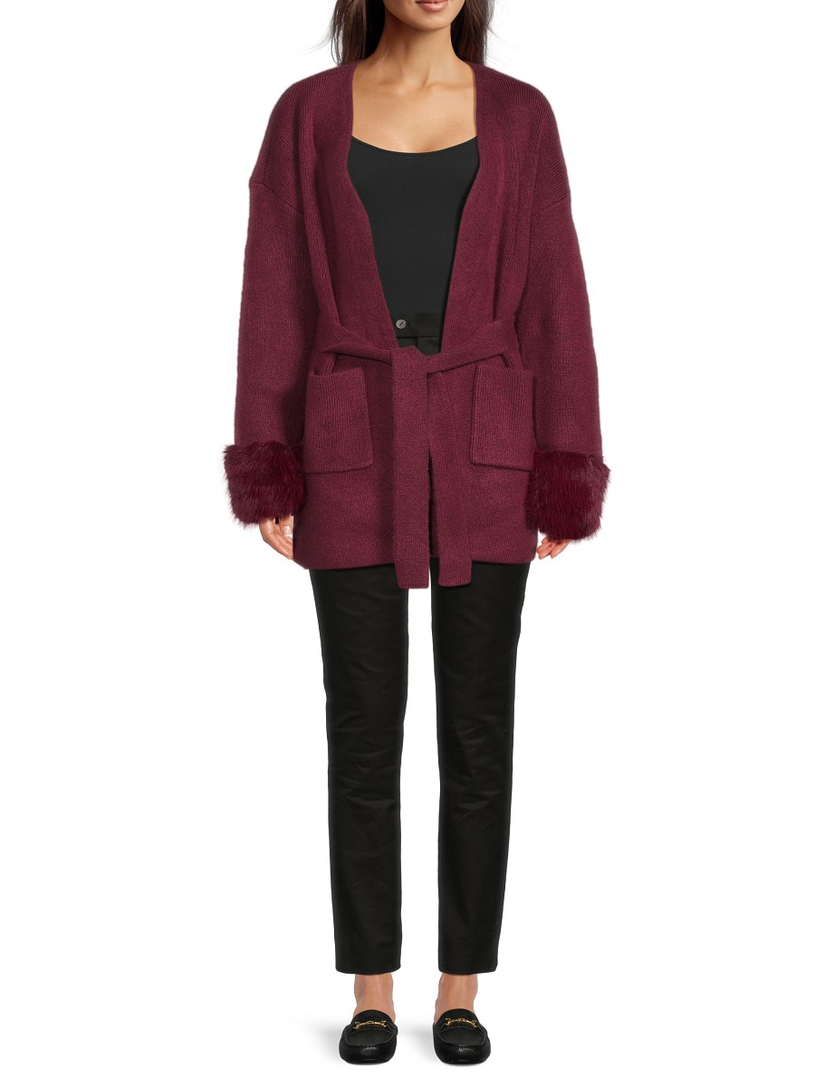 Women's Faux-Fur-Trim Tie-Waist Cardigan - Burgundy - Size by Saks Fifth Avenue